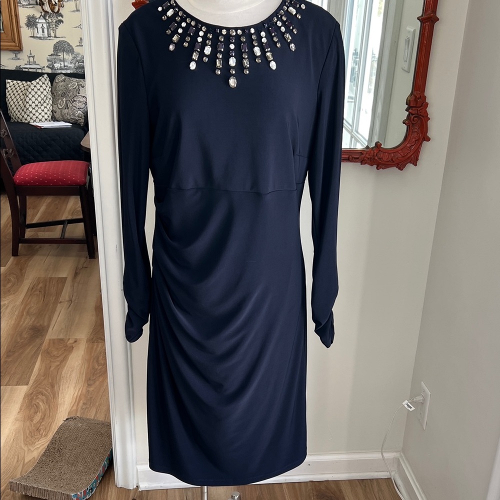 Frank Lyman jeweled Neckline Navy long sleeve Knit Dress